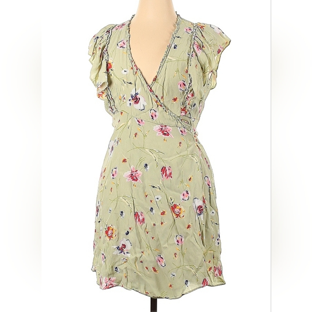 ByTimo Green Floral Ruffle Wrap Mini Dress small Vintage Flutter